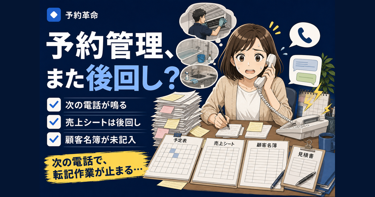 ハウスクリーニングの予約管理で、美咲さんが事務所で受電メモ、Googleカレンダー、売上シート、顧客名簿への転記に追われる導入前のあるある場面を表した濃紺サムネイル画像