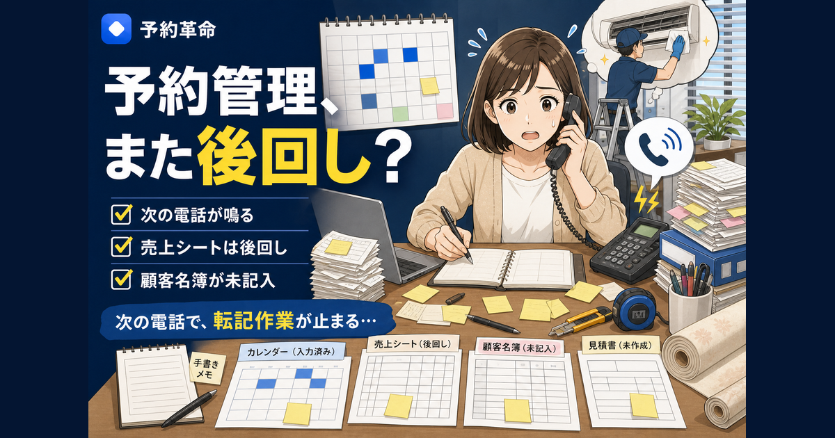 クロス張り替えの予約管理で、美咲さんが事務所で受電メモ、Googleカレンダー、売上シート、顧客名簿への転記に追われる導入前のあるある場面を表した濃紺サムネイル画像