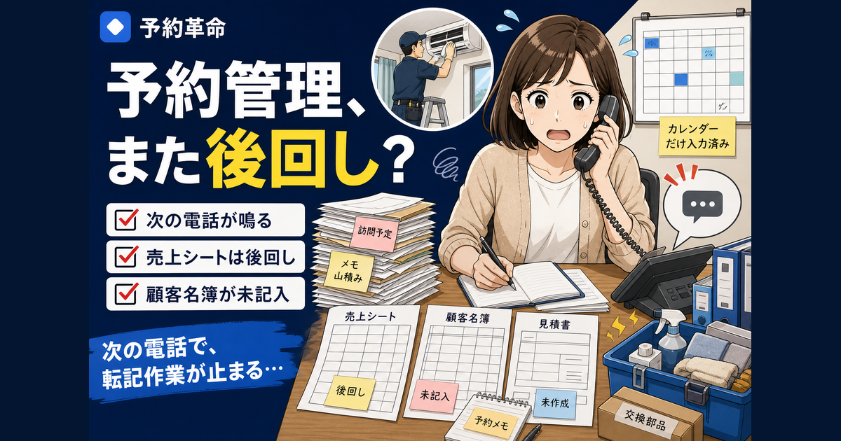 訪問メンテナンスの予約管理で、美咲さんが事務所で受電メモ、Googleカレンダー、売上シート、顧客名簿への転記に追われる導入前のあるある場面を表した濃紺サムネイル画像