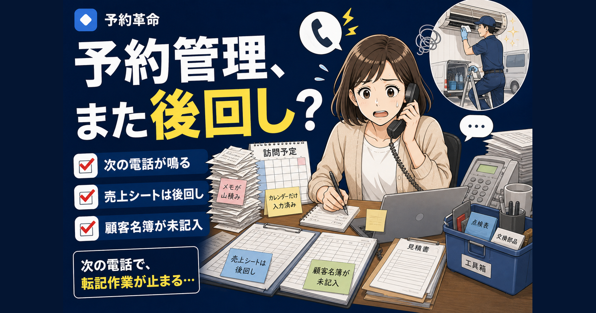訪問メンテナンスの予約管理で、美咲さんが事務所で受電メモ、Googleカレンダー、売上シート、顧客名簿への転記に追われる導入前のあるある場面を表した濃紺サムネイル画像