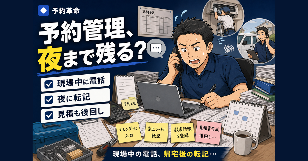 訪問メンテナンスの予約管理で、まさる親方が電話、PC、予定表、見積書、売上表、山積み書類に追われる導入前のあるある場面を表した濃紺サムネイル画像