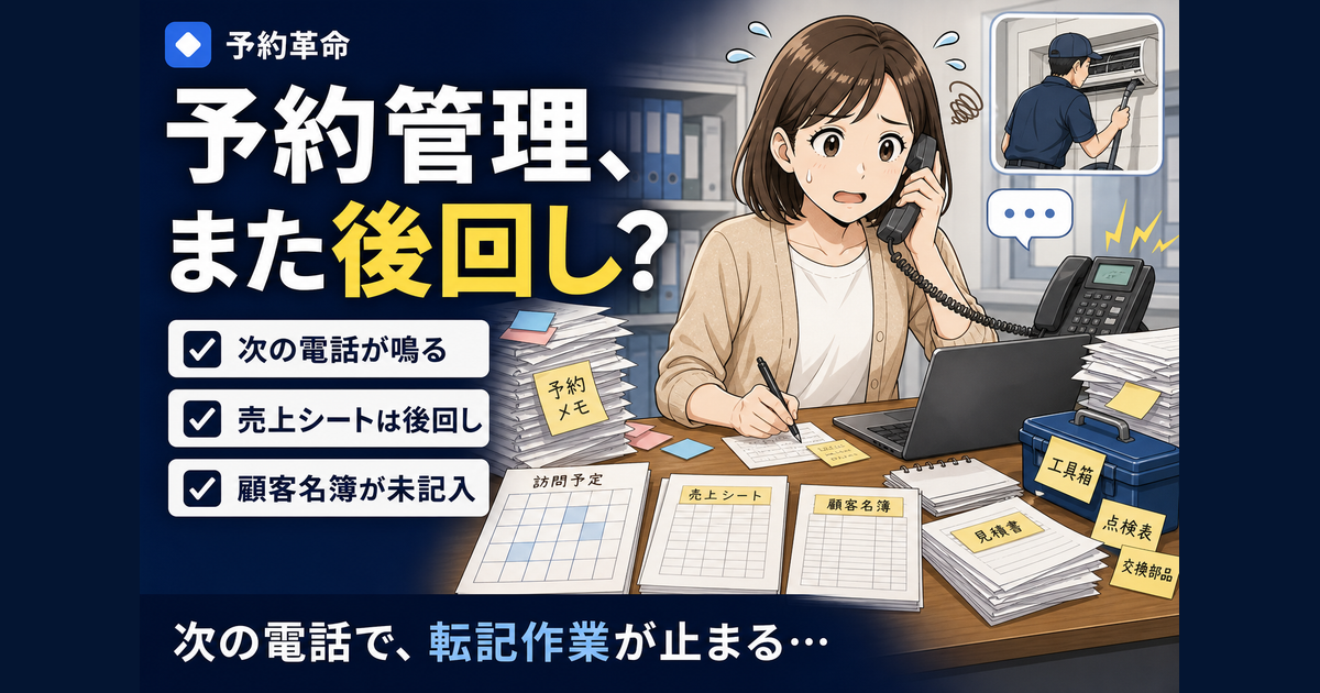 訪問メンテナンスの予約管理で、美咲さんが事務所で受電メモ、Googleカレンダー、売上シート、顧客名簿への転記に追われる導入前のあるある場面を表した濃紺サムネイル画像