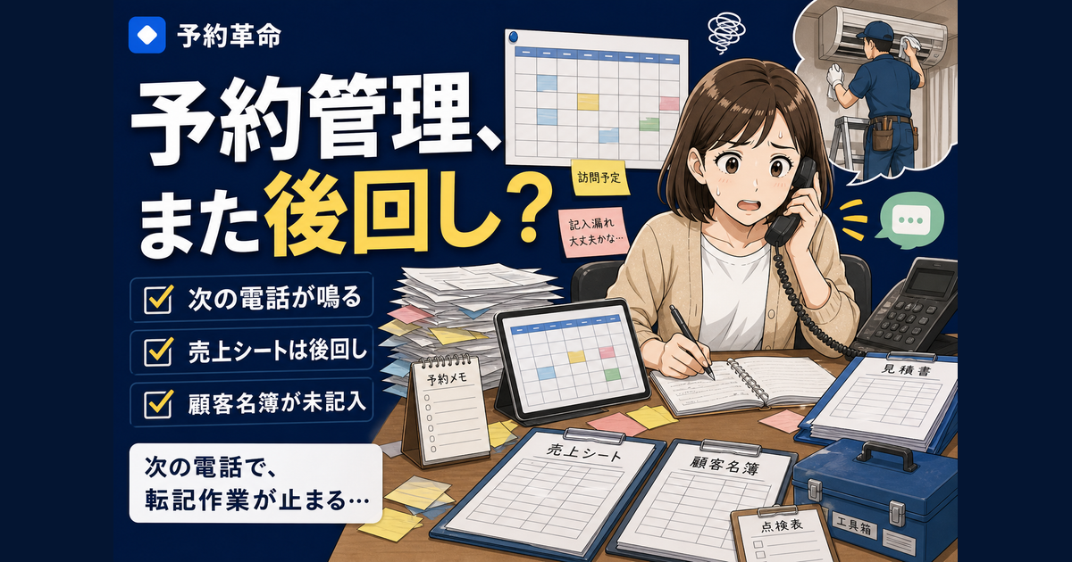 訪問メンテナンスの予約管理で、美咲さんが事務所で受電メモ、Googleカレンダー、売上シート、顧客名簿への転記に追われる導入前のあるある場面を表した濃紺サムネイル画像