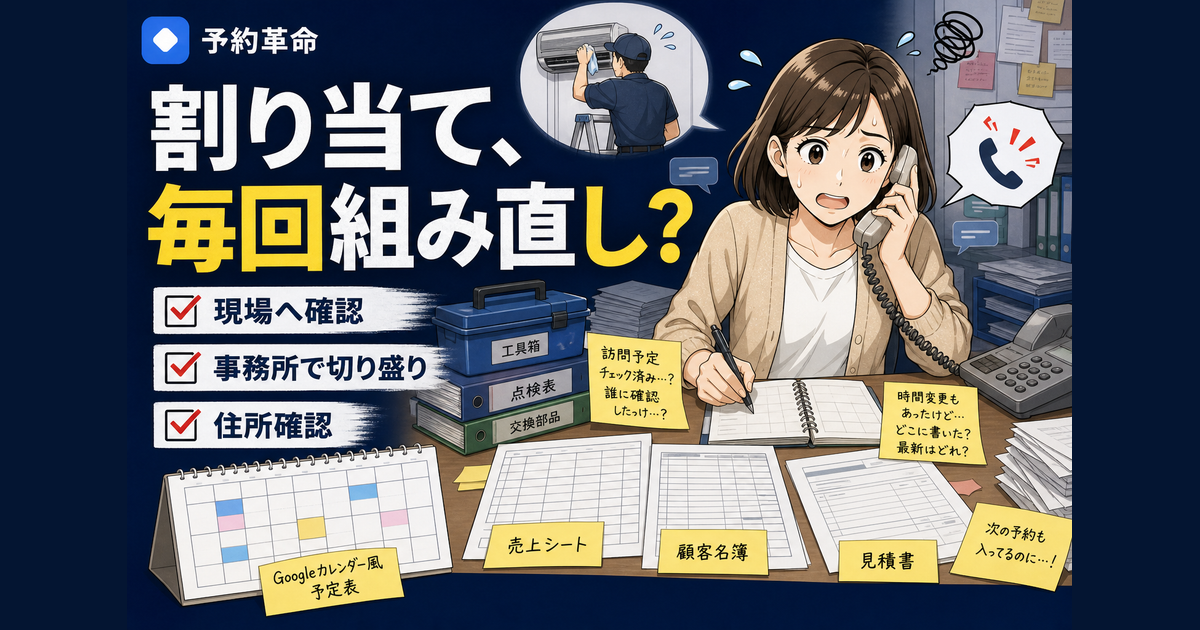 訪問メンテナンスの予約管理で、美咲さんが事務所で受電メモ、Googleカレンダー、売上シート、顧客名簿への転記に追われる導入前のあるある場面を表した濃紺サムネイル画像