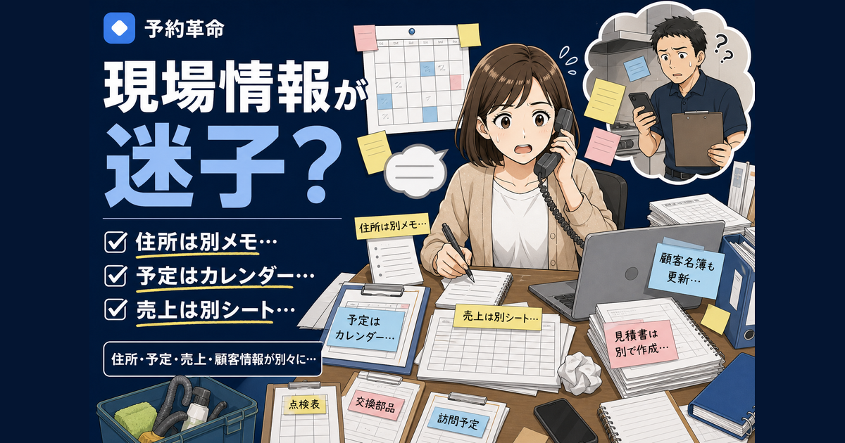訪問メンテナンスの予約管理で、美咲さんが事務所で受電メモ、Googleカレンダー、売上シート、顧客名簿への転記に追われる導入前のあるある場面を表した濃紺サムネイル画像