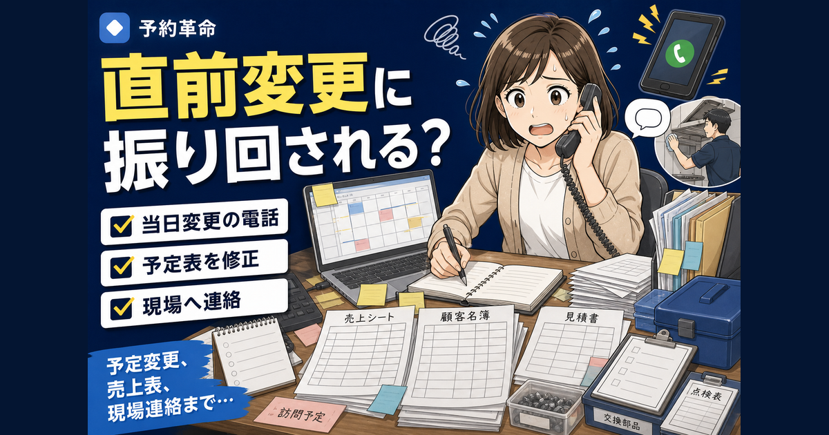訪問メンテナンスの予約管理で、美咲さんが事務所で受電メモ、Googleカレンダー、売上シート、顧客名簿への転記に追われる導入前のあるある場面を表した濃紺サムネイル画像